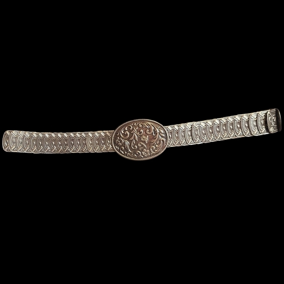 None Accessories - Intricate Western Boho Silver Tone Women's Scale Strech Belt Aprox Large
